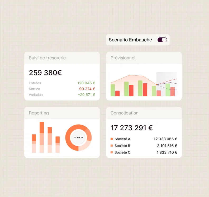 Tableau de gestion de trésorerie montrant suivi, prévision, reporting et consolidation de données financières.