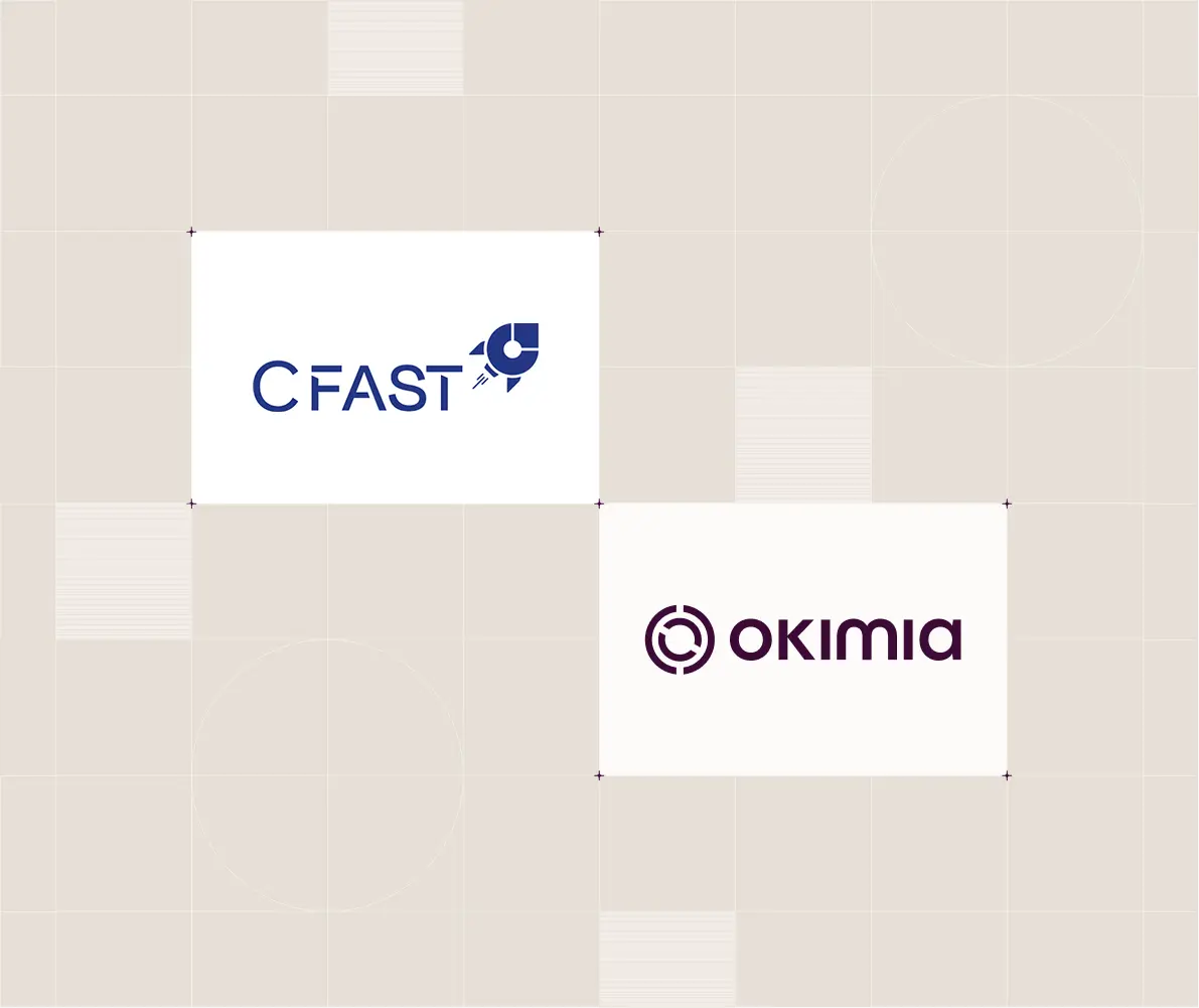 Logos des entreprises CFAST et Okimia sur un fond beige à motifs géométriques.