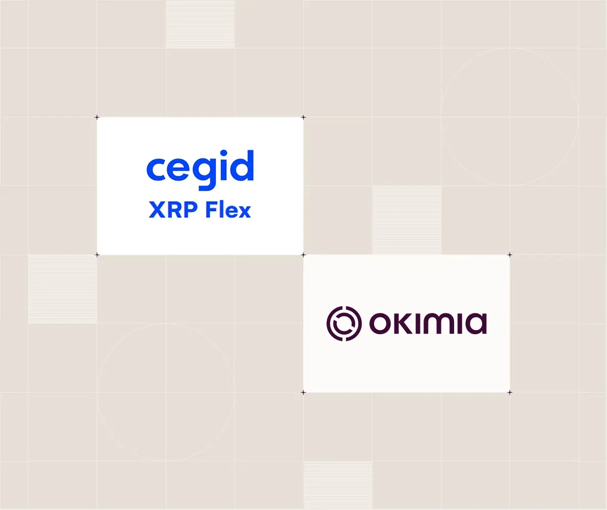 Logos de Cegid XRP Flex en bleu et Okimia en violet sur fond beige léger.
