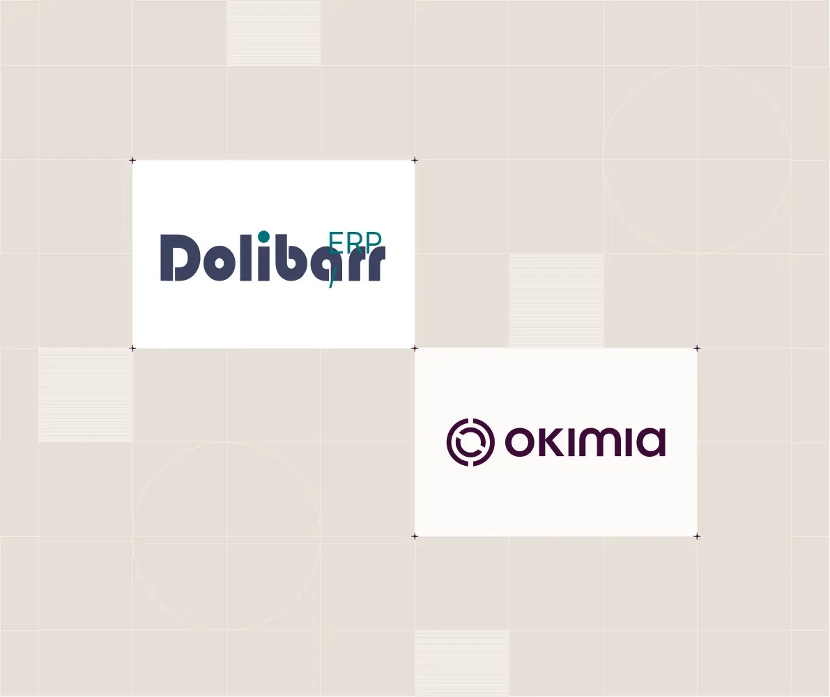 Logos de Dolibarr ERP et Okimia sur fond clair à motifs géométriques.