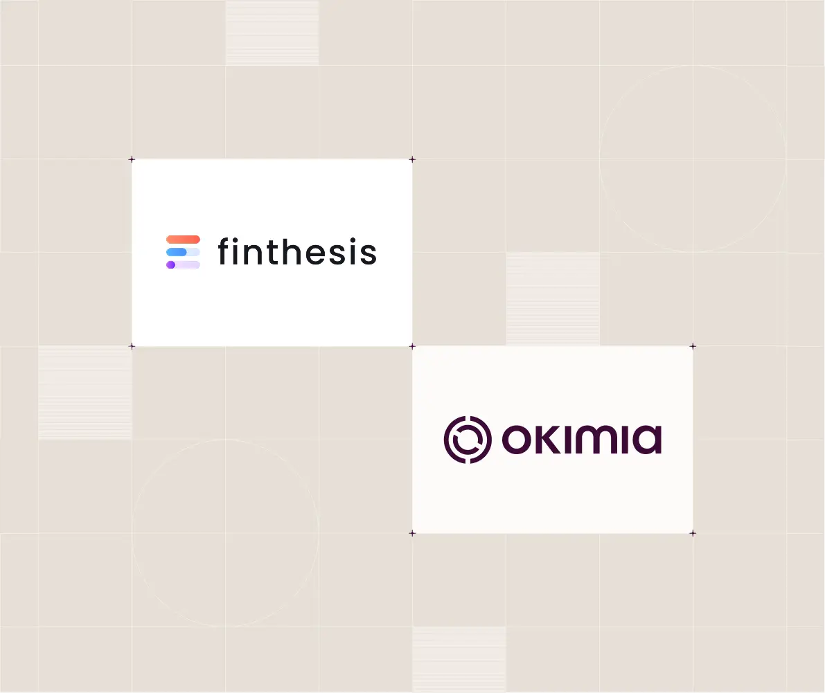 Logos des entreprises Finthesis et Okimia sur fond beige avec motifs géométriques clairs.