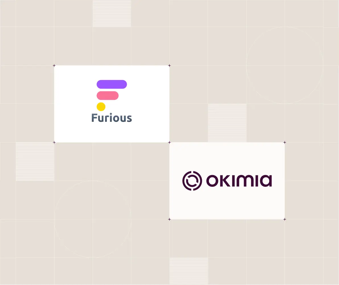 Logos of Furious with colored shapes and Okimia with circular symbol on beige background.