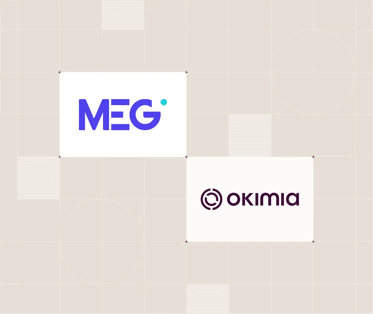 Logos MEG en bleu et Okimia en violet sur fond beige avec motifs géométriques.