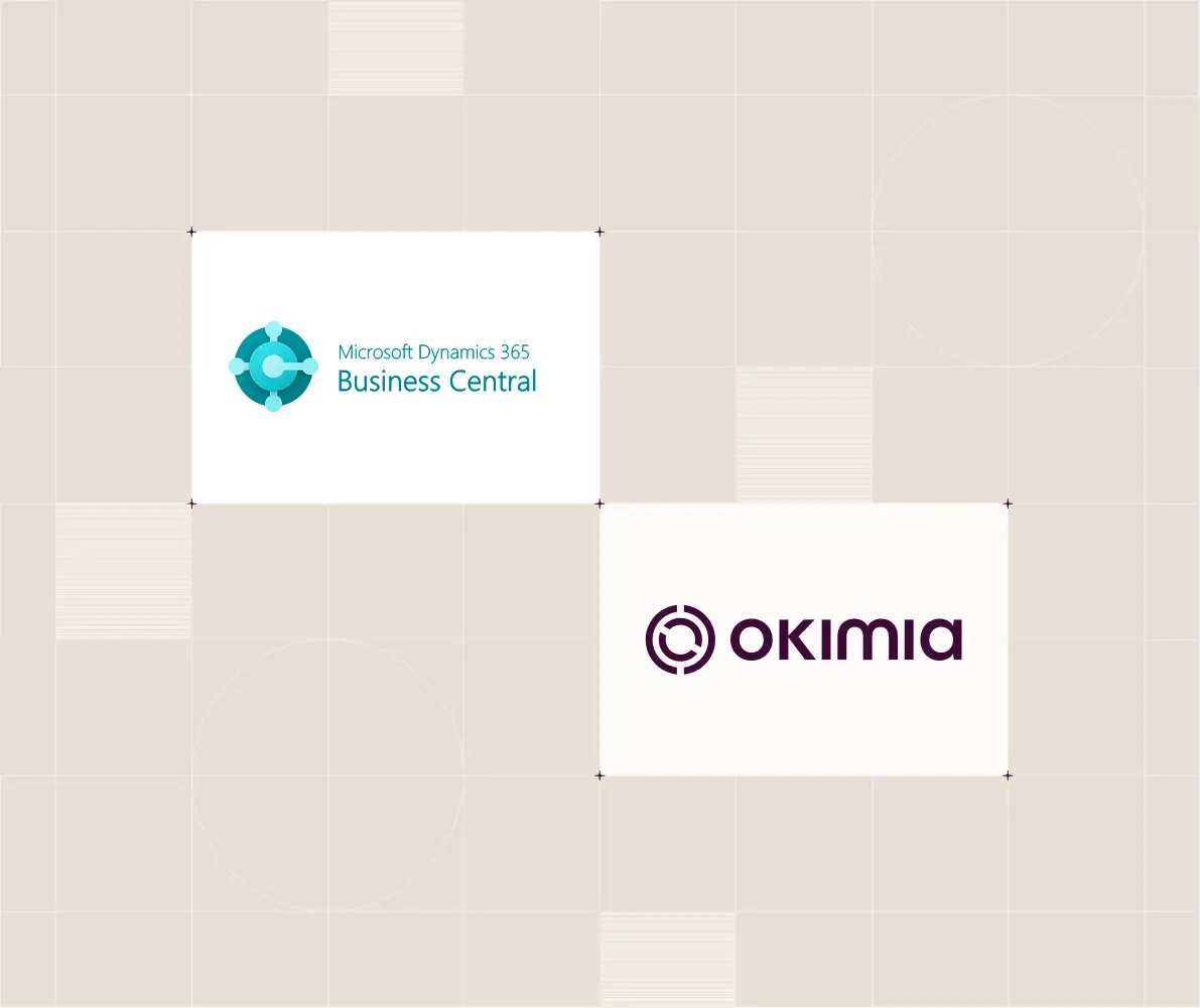 Logos de Microsoft Dynamics 365 Business Central et Okimia sur un fond beige.