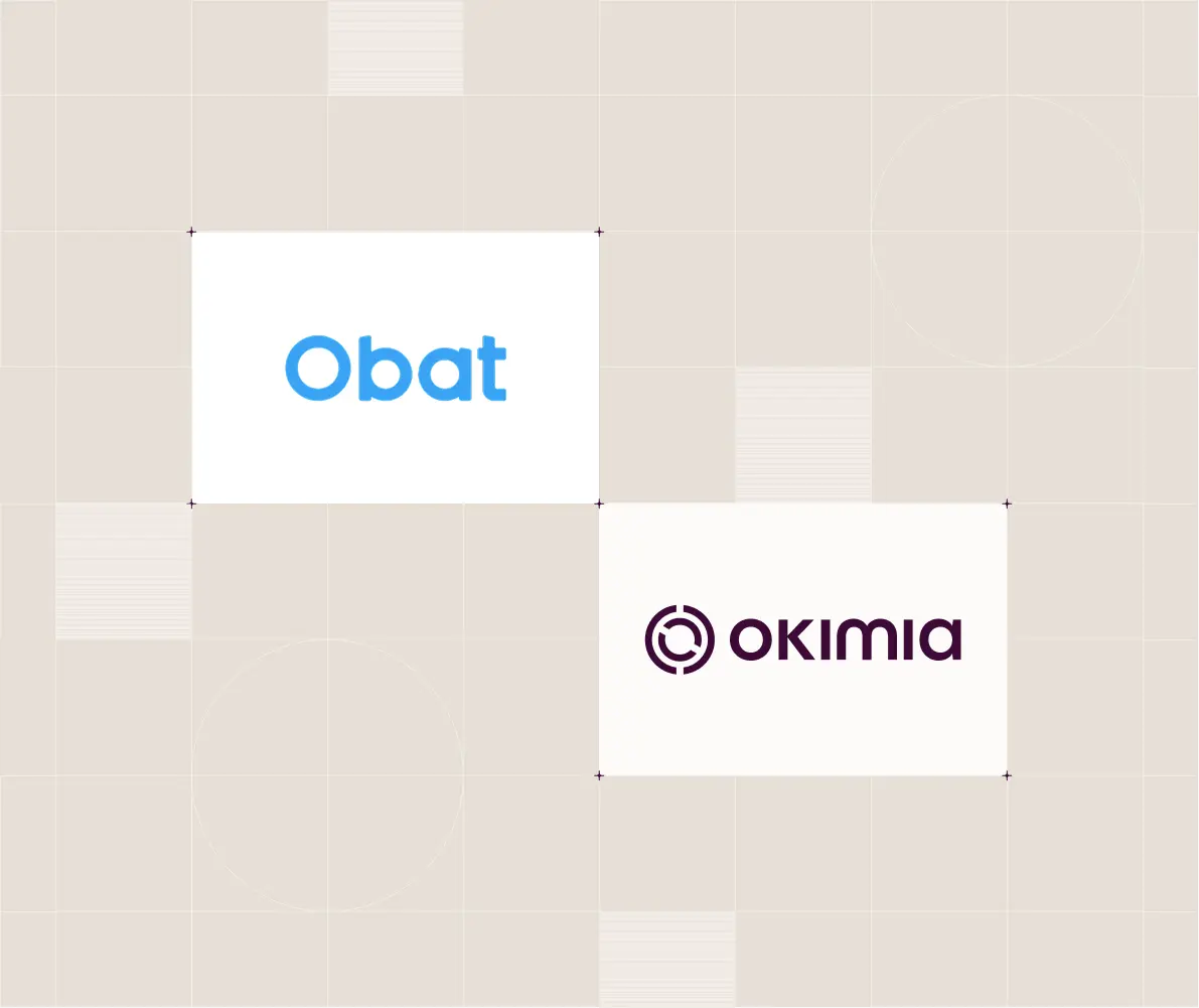Logos des marques Obat en bleu et Okimia en violet sur fond beige clair.