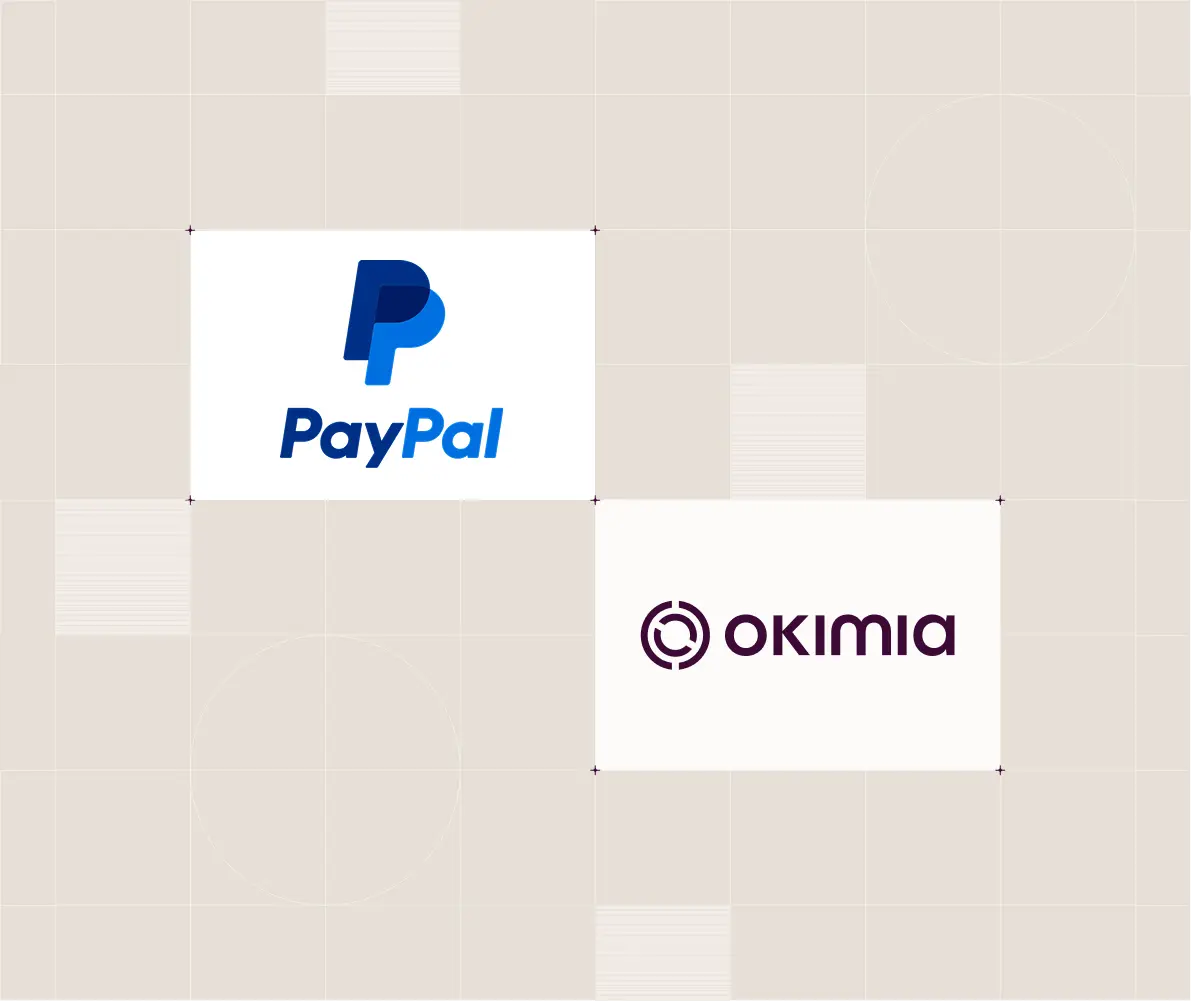 Logos de PayPal et Okimia sur fond beige à motifs géométriques.
