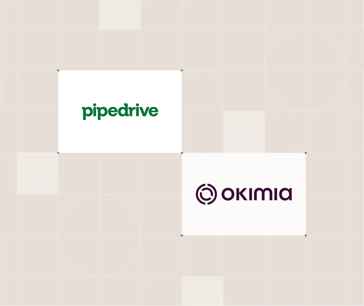 Logos de Pipedrive en vert et Okimia avec icône circulaire sur fond beige.