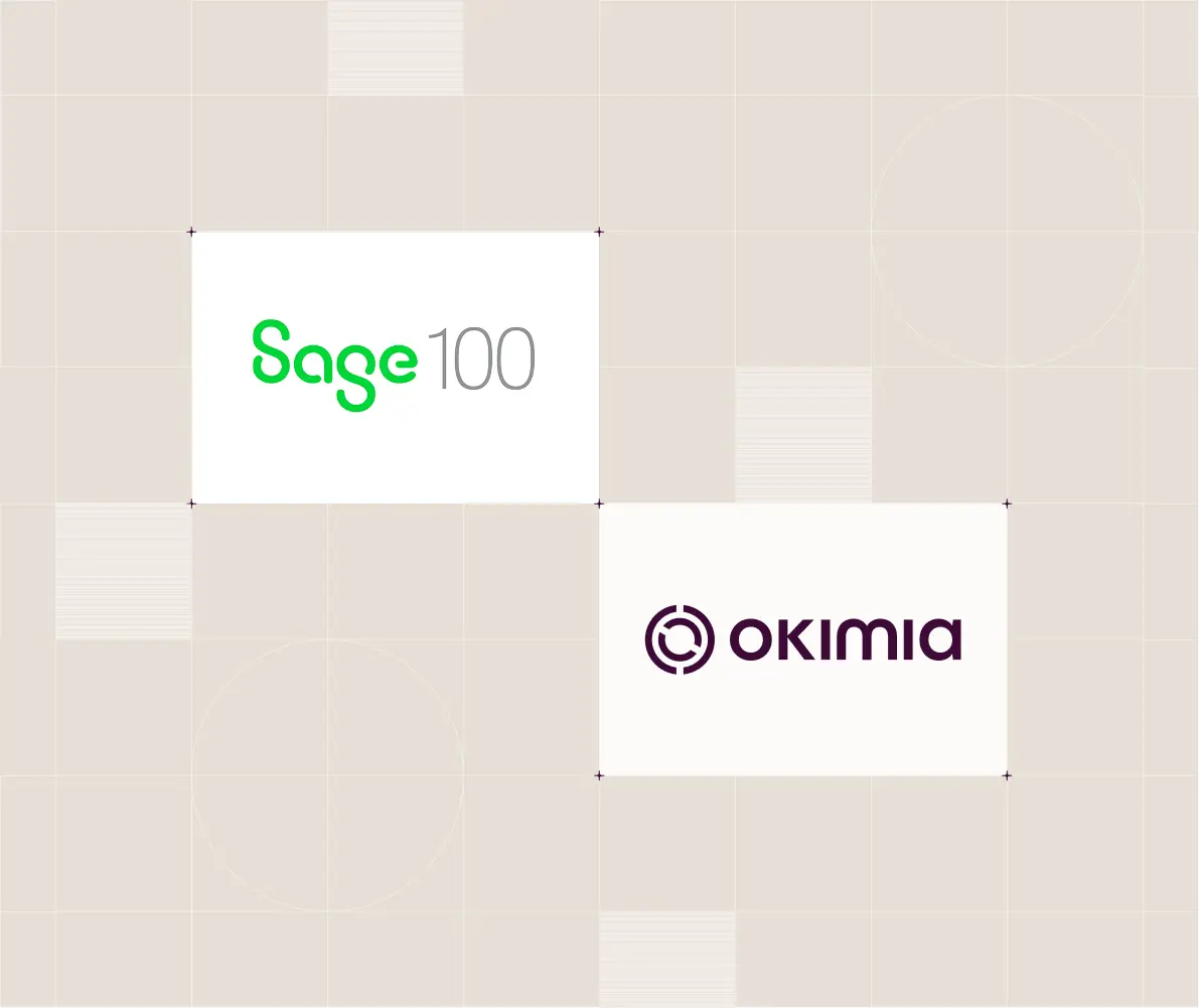 Logos de Sage 100 en vert et Okimia en violet sur fond beige clair.