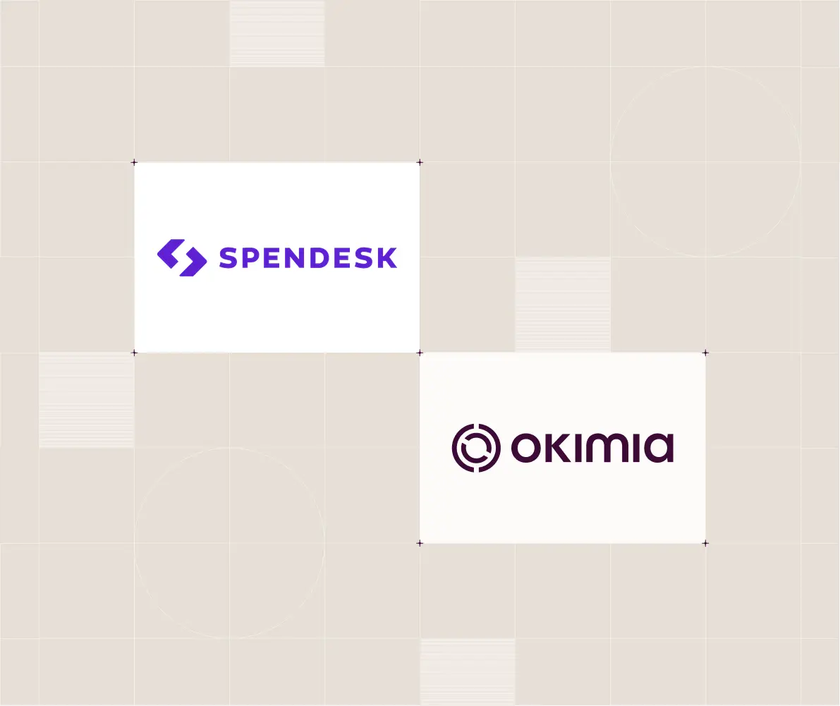Logos de Spendesk et Okimia sur fond beige avec motifs géométriques pâles.