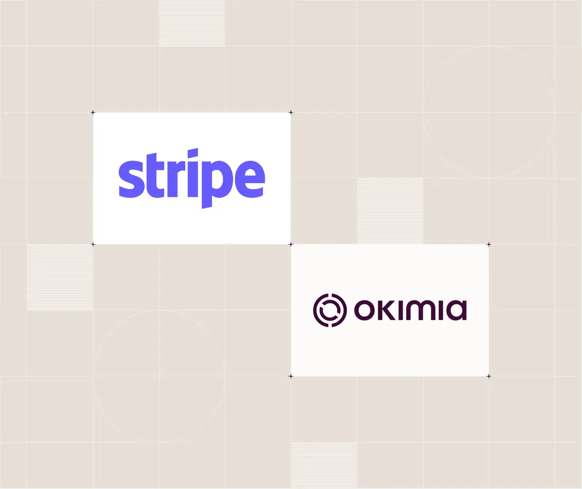 Logos des entreprises Stripe et Okimia sur fond beige clair avec motifs géométriques.