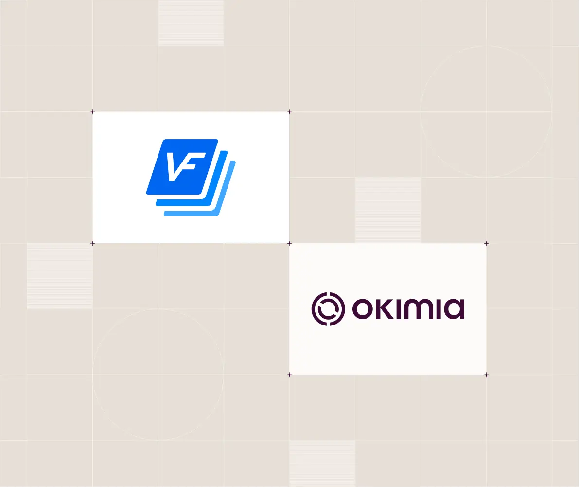 Deux logos d'entreprise sur fond beige, un à gauche avec VF bleu, un à droite avec le texte Okimia.