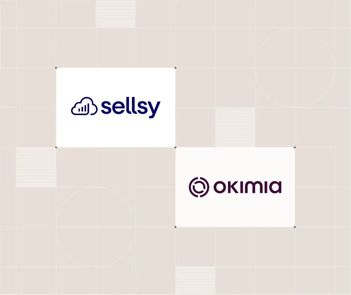Logos de Sellsy avec un nuage et Okimia avec un cercle sur fond beige à motifs géométriques.