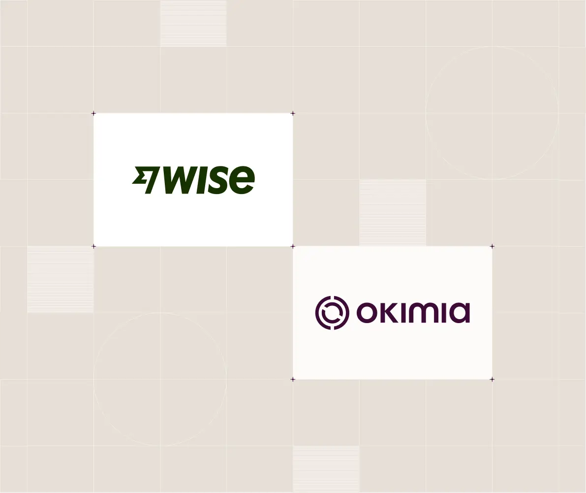 Logos des entreprises Wise et Okimia sur fond clair avec motifs géométriques subtils.