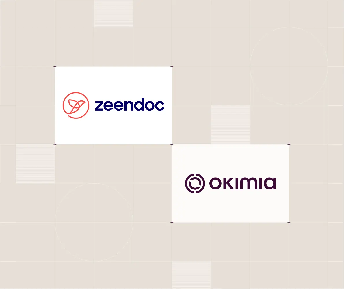 Logos des marques zeendoc et okimia sur fond beige à motifs géométriques.