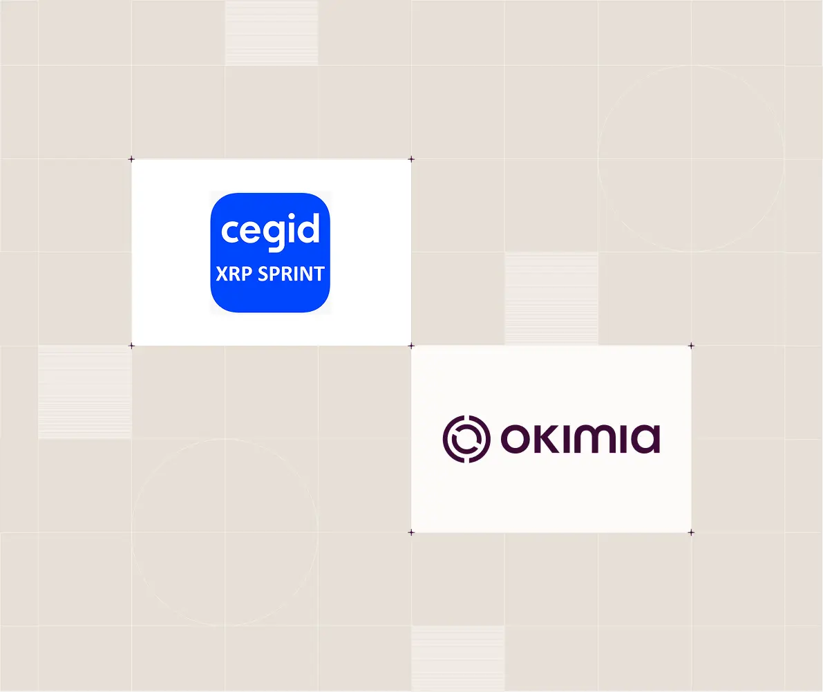 Logos de Cegid XRP Sprint et Okimia sur un fond beige avec motifs géométriques.
