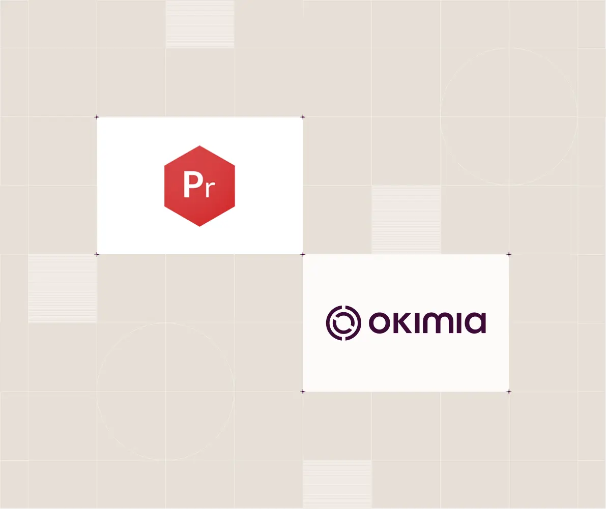 Logos de Pr en hexagone rouge et Okimia avec cercle et texte sur fond beige clair.
