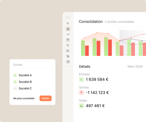 Tableau de consolidation avec graphiques, détails d'entrées, sorties et solde pour mars 2026.