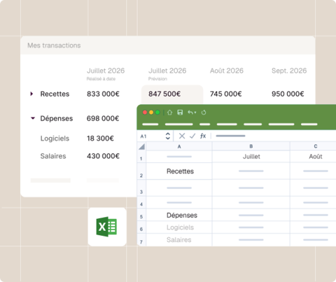 Tableau financier montrant recettes et dépenses de juillet à septembre 2026 avec export Excel affiché.