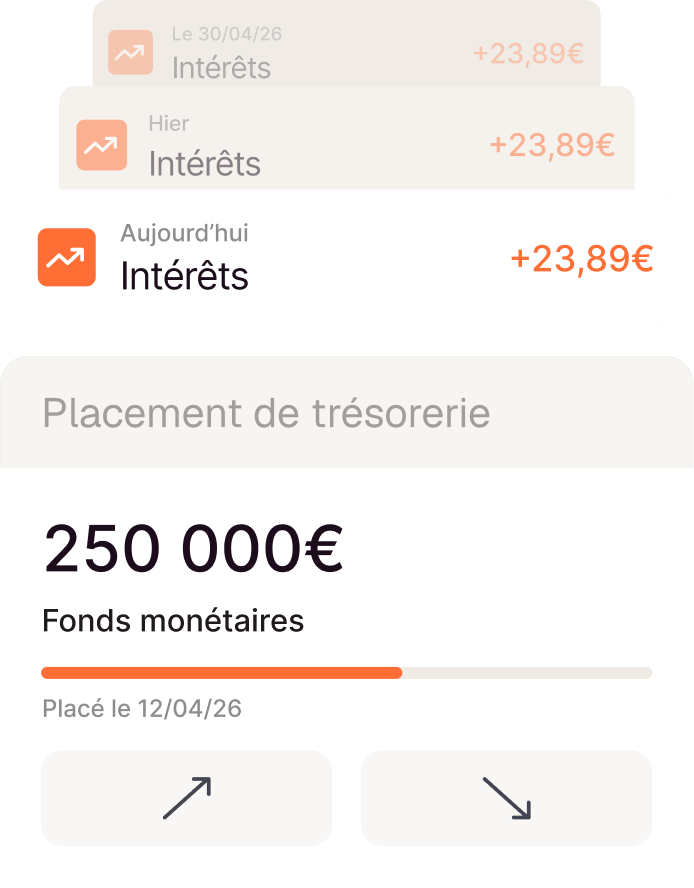 Placement de trésorerie de 250000€ en fonds monétaires avec intérêts journaliers de +23,89€.