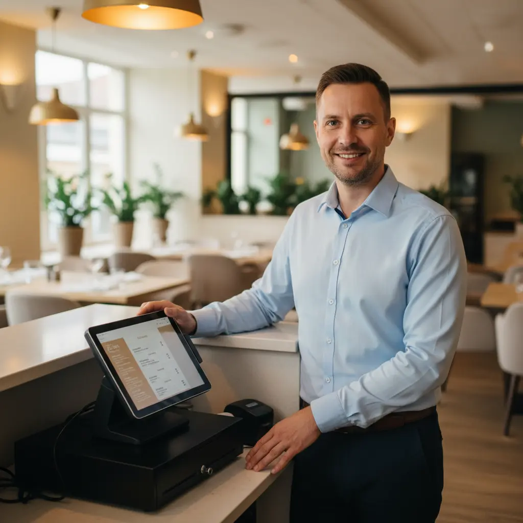 Homme souriant debout au comptoir avec caisse enregistreuse et écran tactile dans un restaurant moderne.