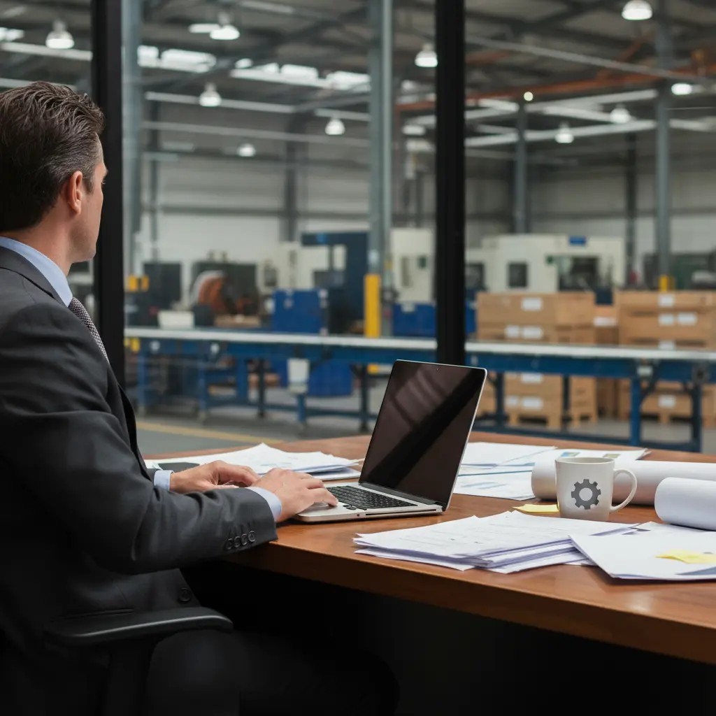 Homme en costume travaillant sur un ordinateur portable dans un bureau avec vue sur une usine industrielle.