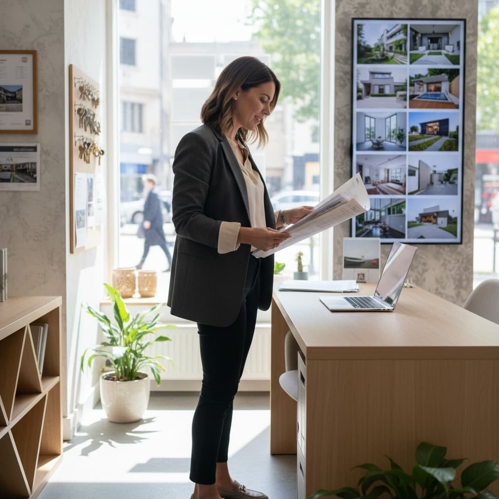 Femme dans une agence immobilière lisant un plan devant un bureau avec un ordinateur portable.