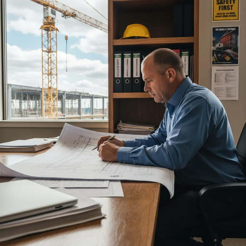 Un homme étudie des plans d'architecture à son bureau avec un chantier visible par la fenêtre.
