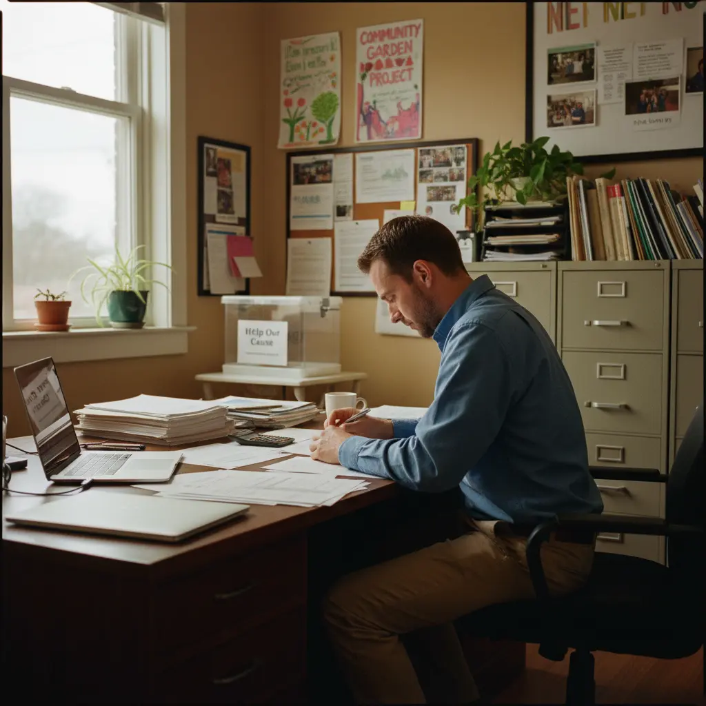 Un homme assis à un bureau travaillant sur des documents dans un bureau bien rangé avec plantes et fichiers.