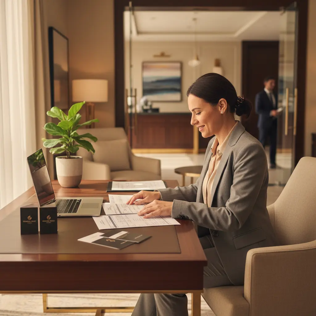 Une femme souriante en tailleur avec des documents assise à un bureau moderne dans un bureau élégant.