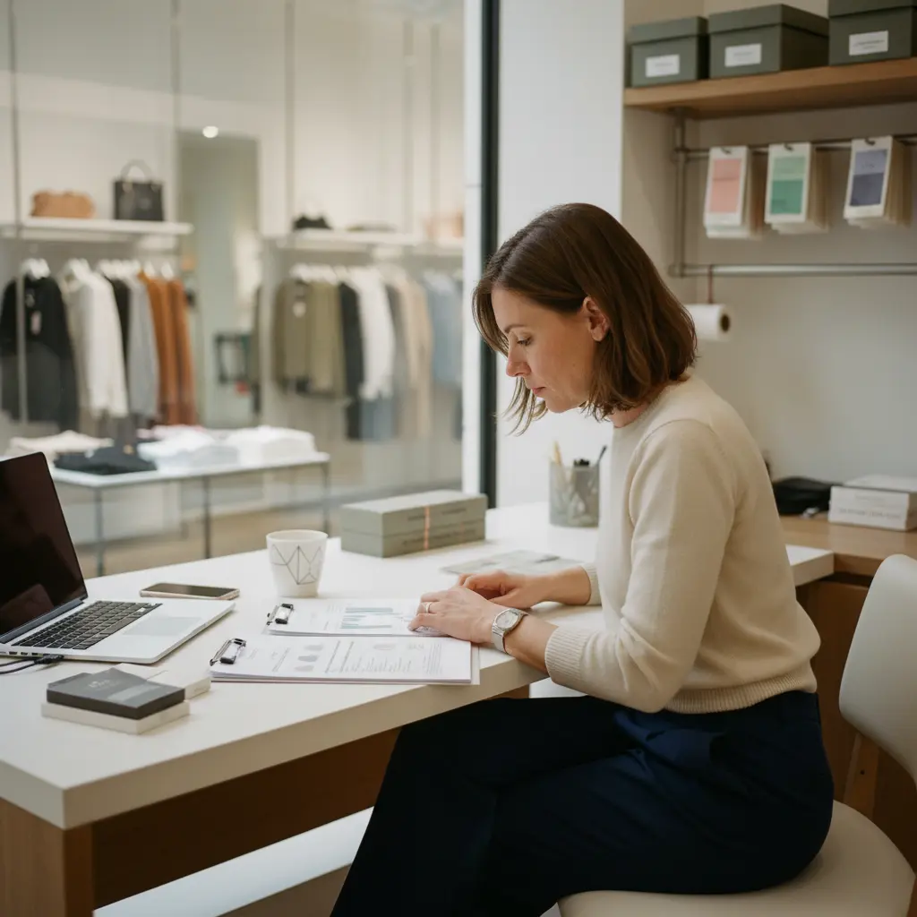 Femme assise à un bureau, examinant des graphiques sur papiers avec ordinateur et vêtements en arrière-plan.