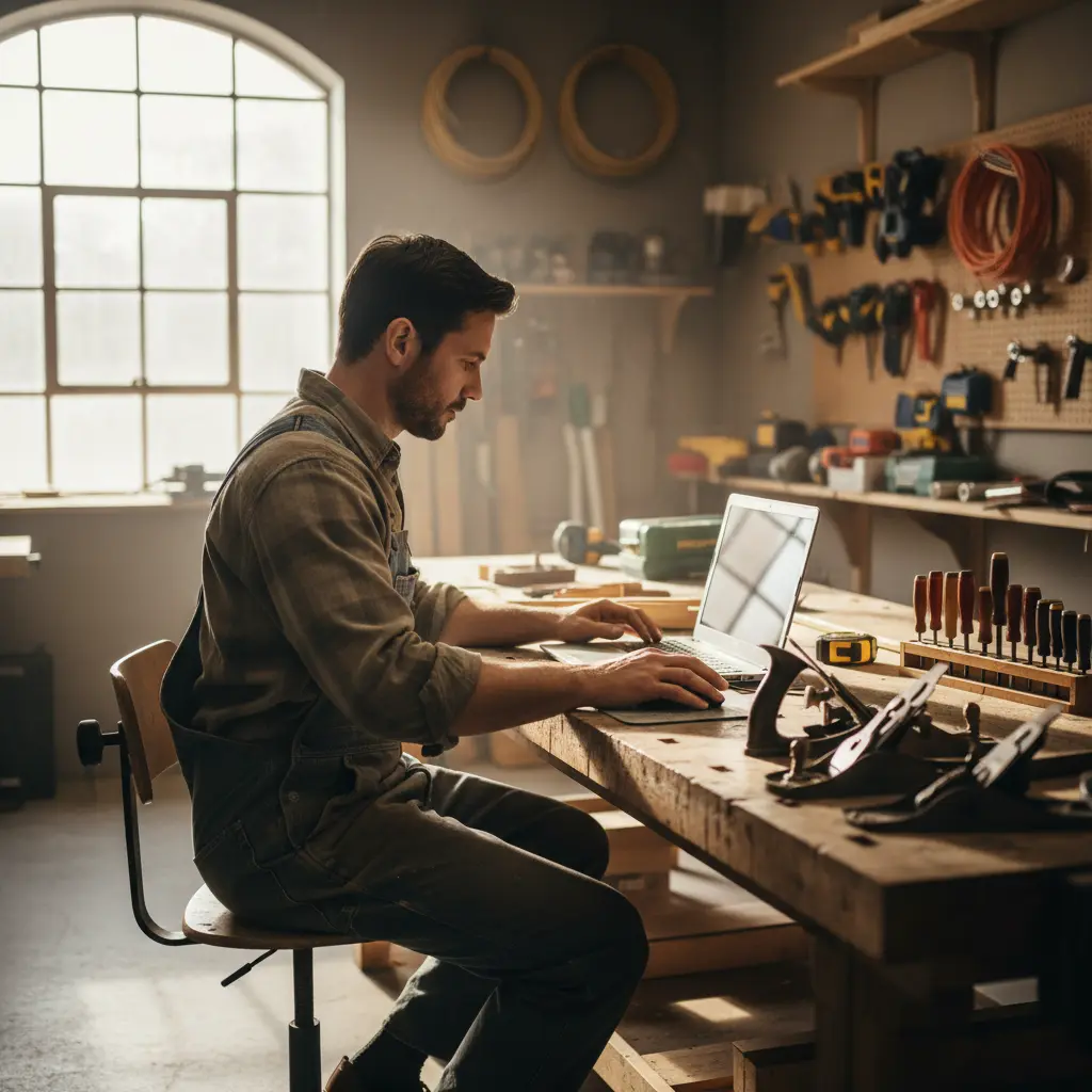 Un artisan travaille sur un ordinateur portable dans un atelier avec des outils de menuiserie autour.