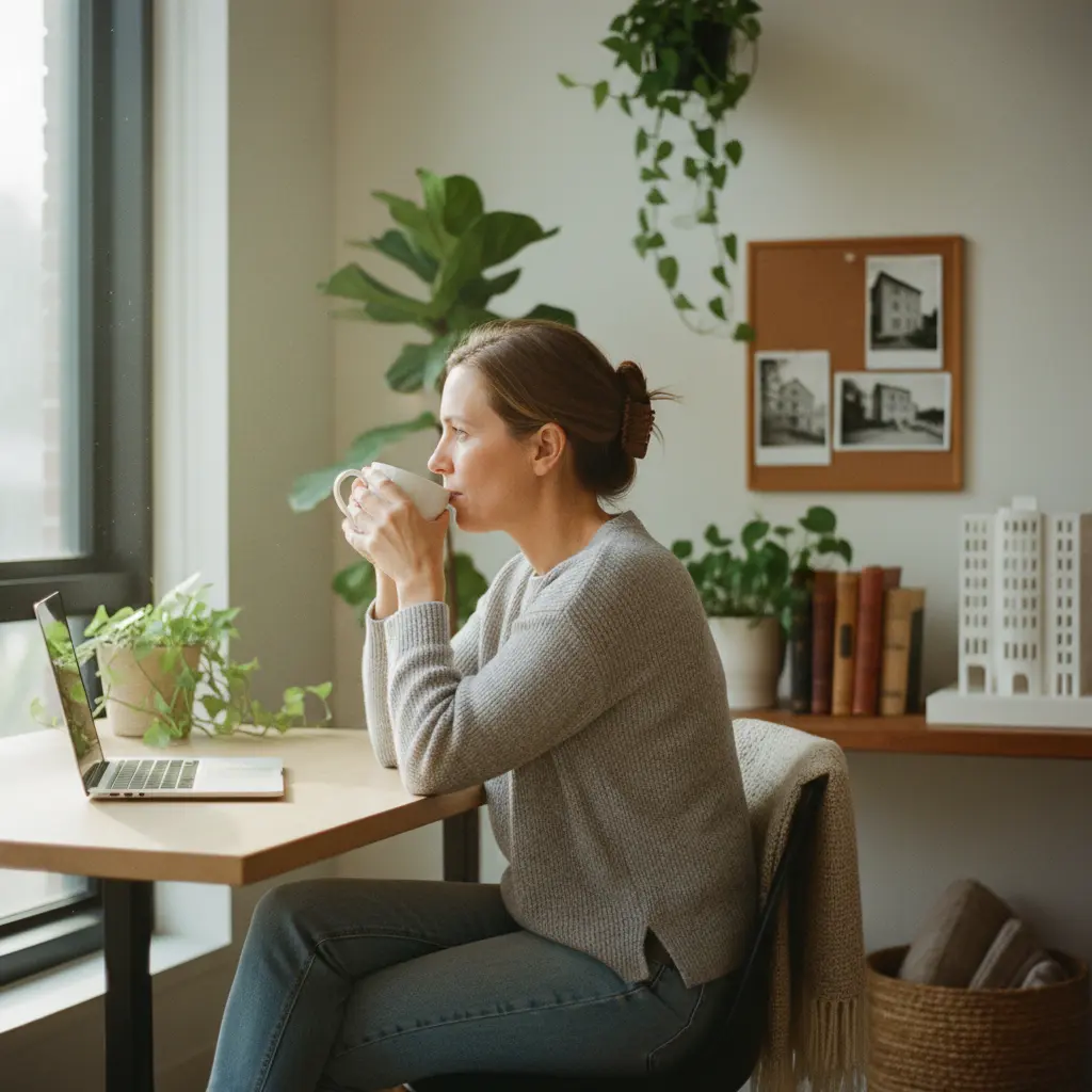 Femme buvant une tasse assise devant un ordinateur portable près d'une fenêtre avec des plantes vertes.