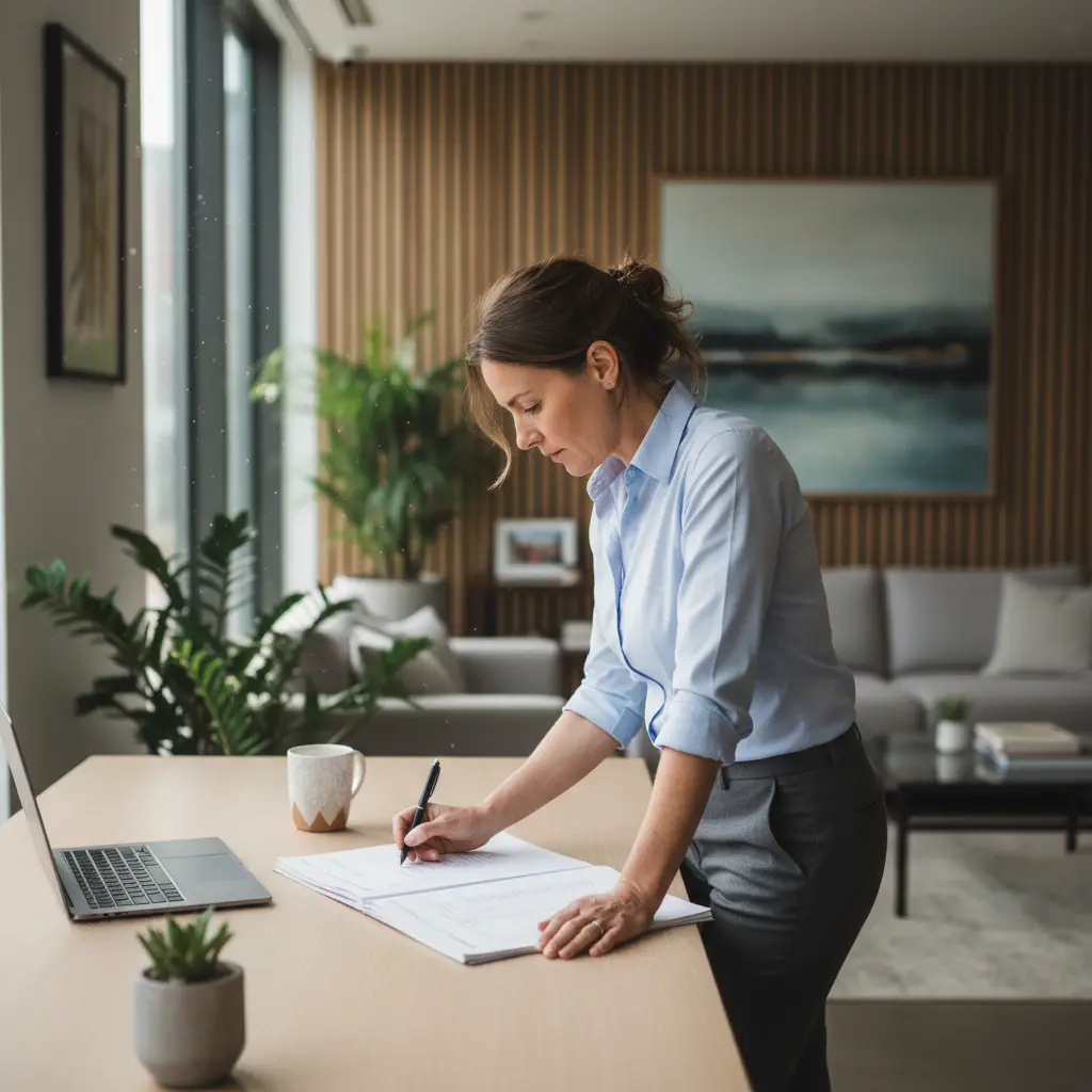 Femme debout écrivant sur un grand carnet posé sur une table avec un ordinateur portable et une tasse.