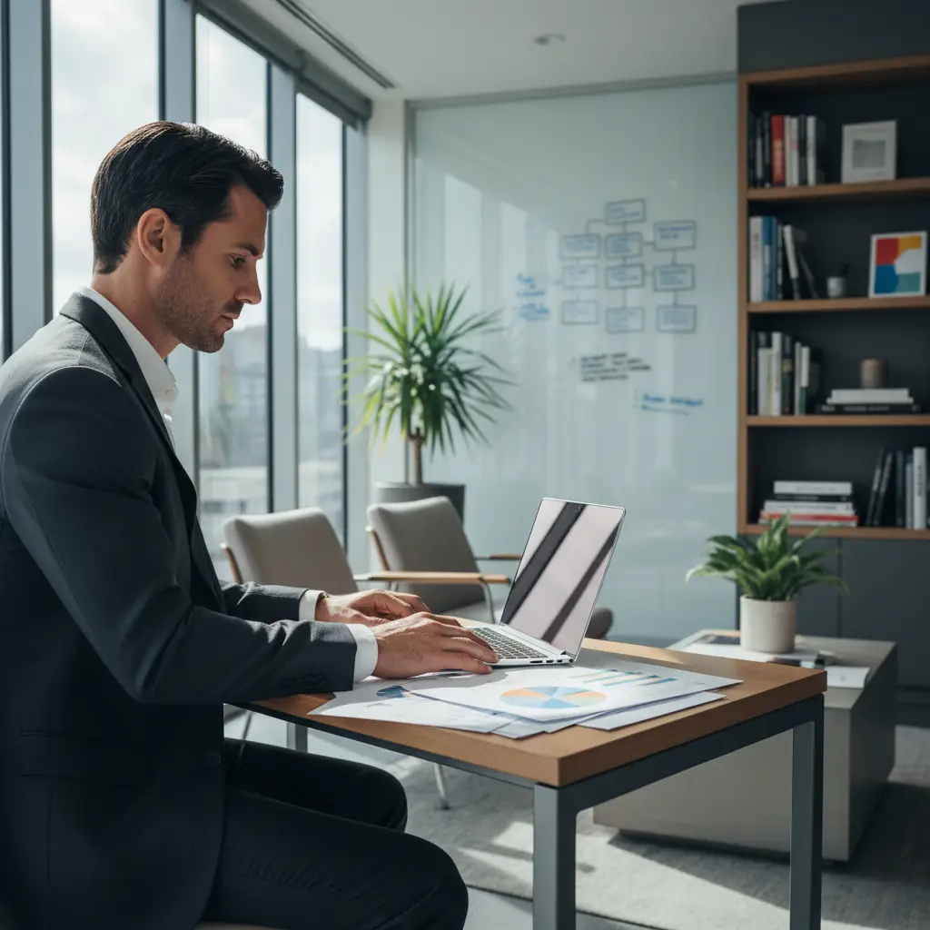 Homme d'affaires en costume travaillant sur un ordinateur portable dans un bureau moderne avec graphiques sur la table.