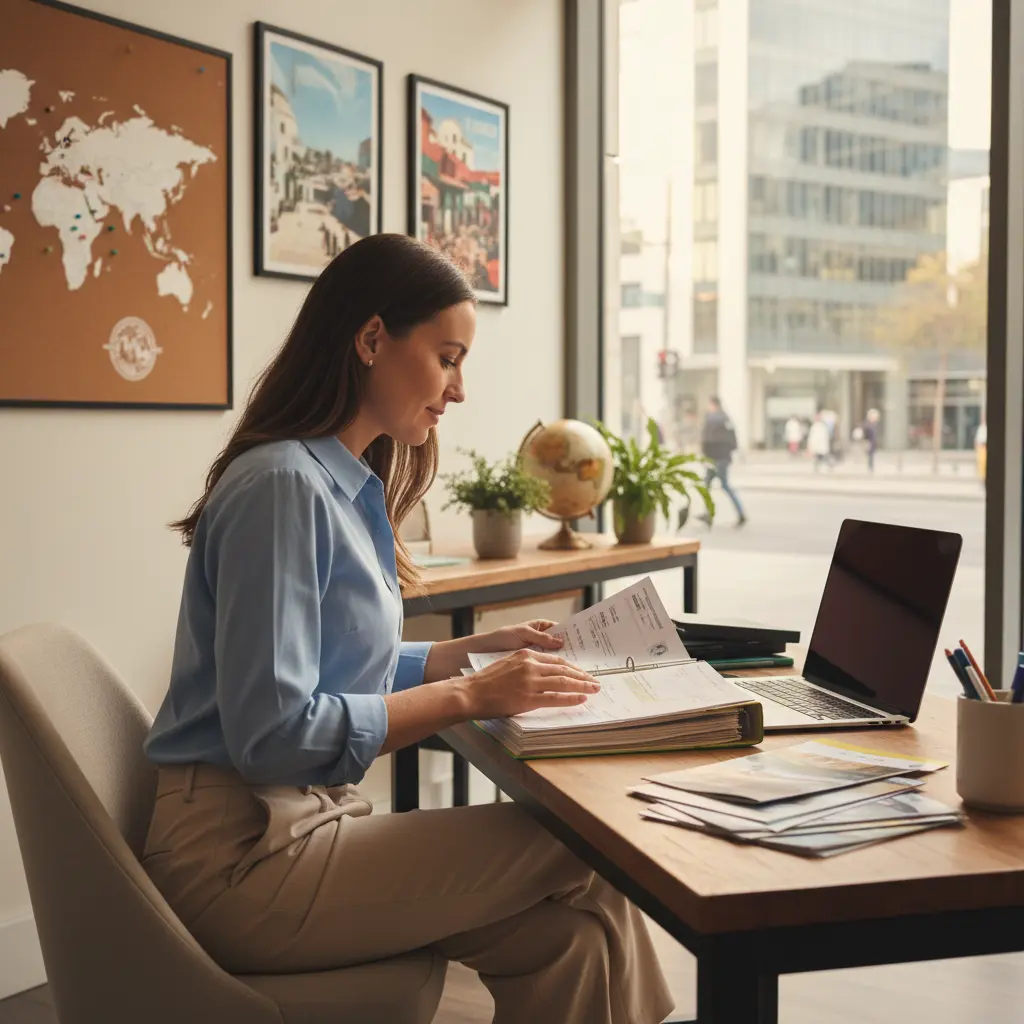 Femme travaillant à un bureau avec un ordinateur portable et des documents dans un bureau de voyage.