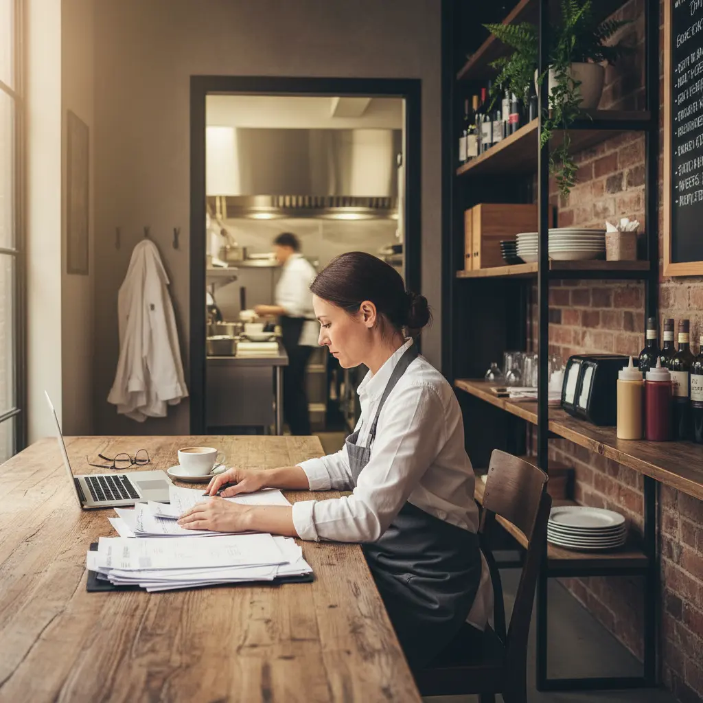 Une femme en tablier travaille à une table en bois avec des papiers et un ordinateur portable dans un café.