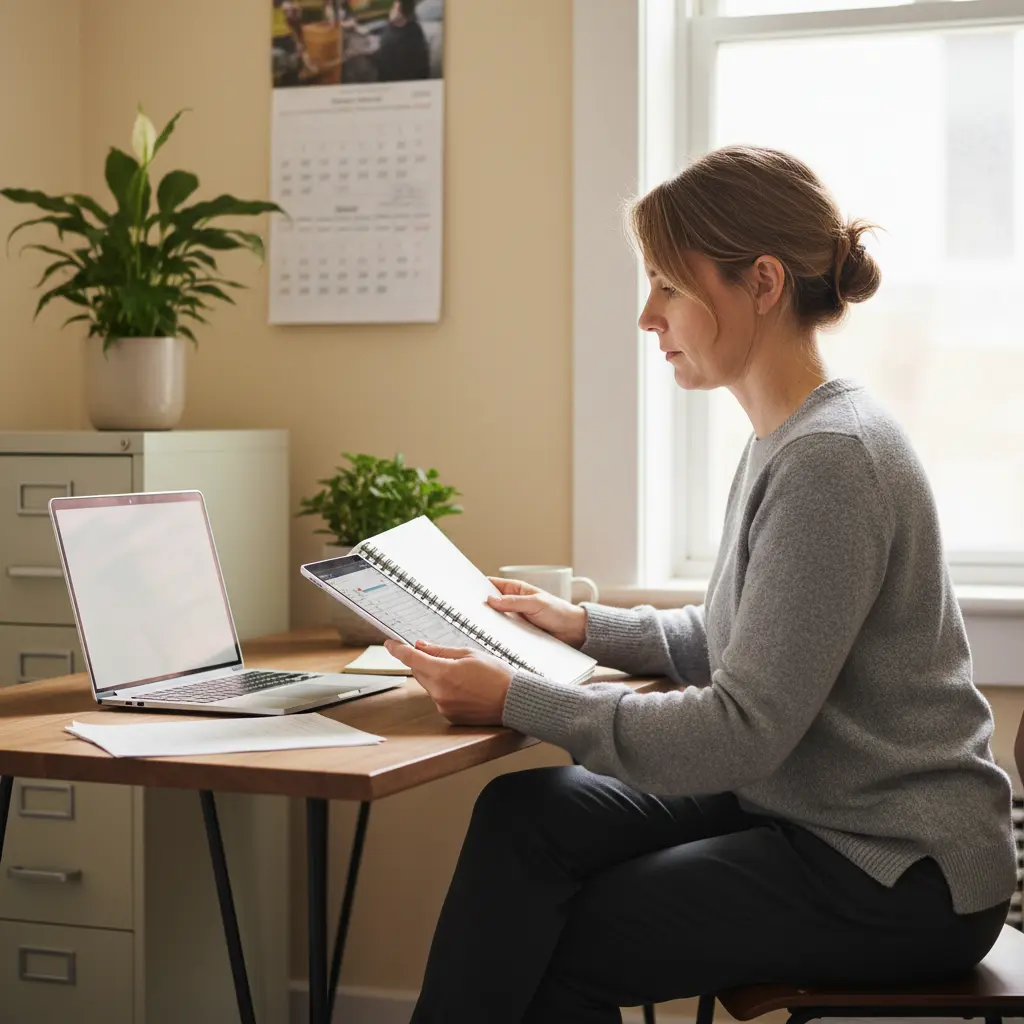 Femme assise à un bureau lisant un carnet avec un ordinateur portable devant elle.