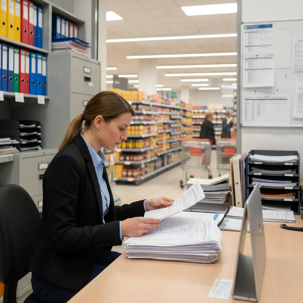 Une femme d'affaires examine des documents à un bureau dans un magasin avec des rayons en arrière-plan.