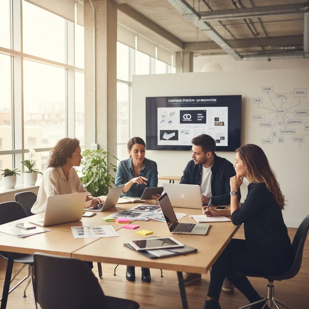 Quatre professionnels autour d'une table en réunion avec ordinateurs portables et documents de travail.
