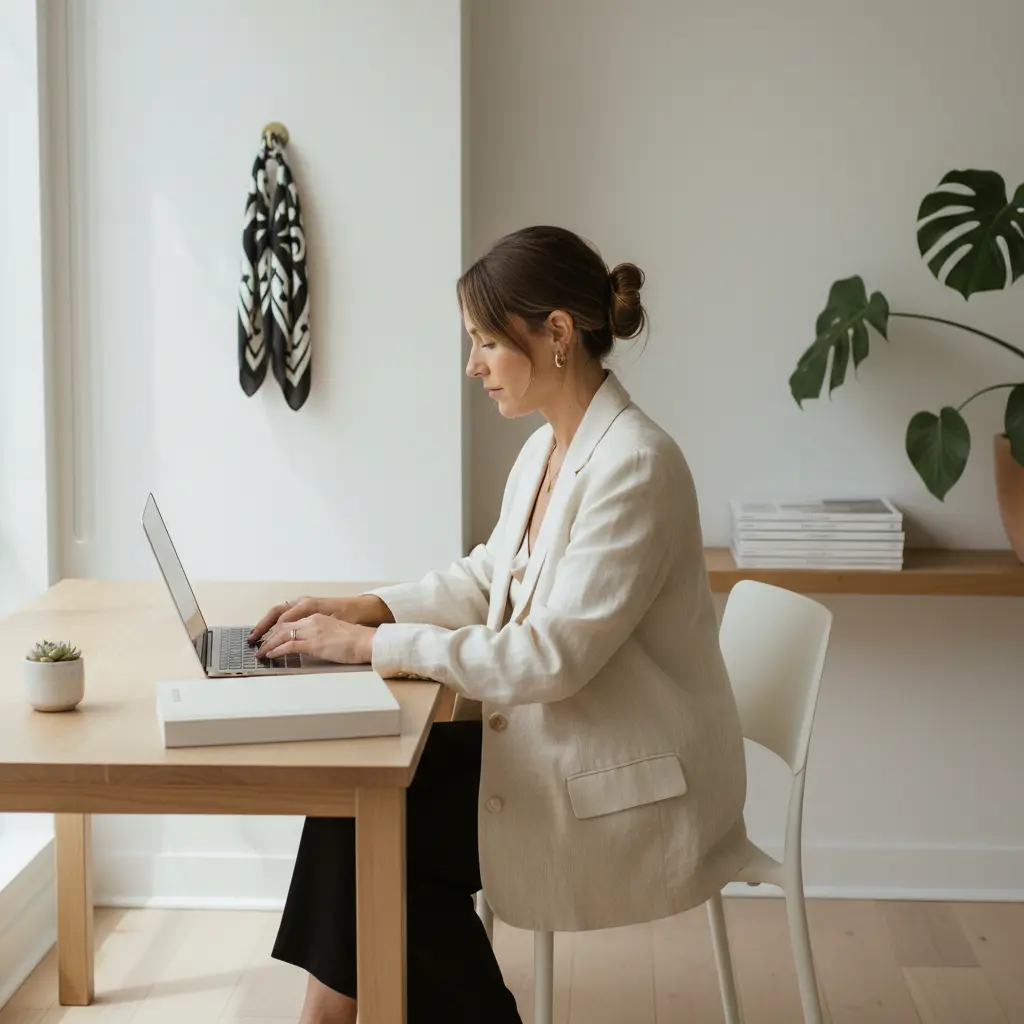 Femme travaillant sur un ordinateur portable à un bureau en bois dans un espace clair et minimaliste.