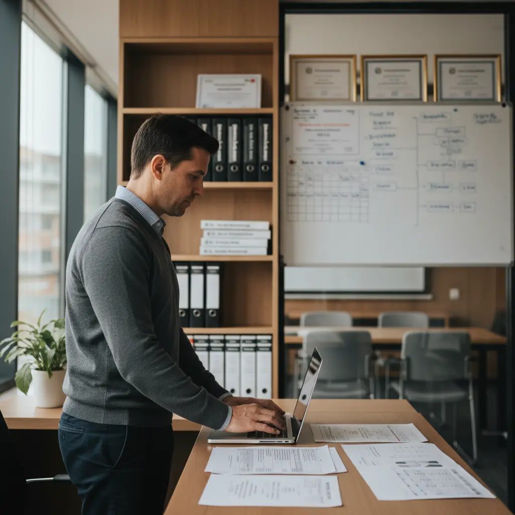 Homme debout travaillant sur un ordinateur portable avec des documents sur un bureau en bureau.