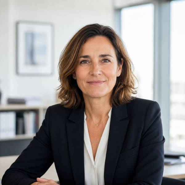 Femme d’affaires souriante en veste noire et chemise blanche dans un bureau lumineux.