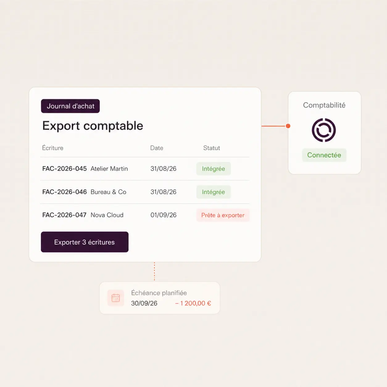Export des écritures du journal d'achat vers un logiciel de comptabilité, avec statut d'intégration par écriture