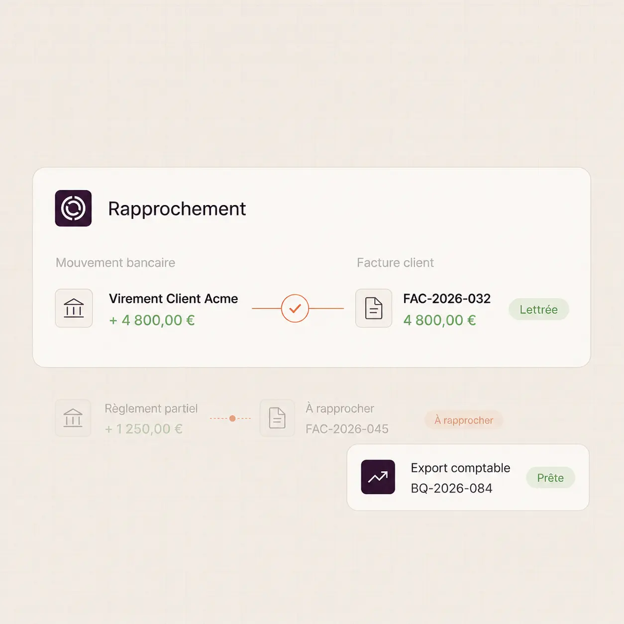 Interface montrant le rapprochement bancaire et export comptable avec montants et statuts associés.