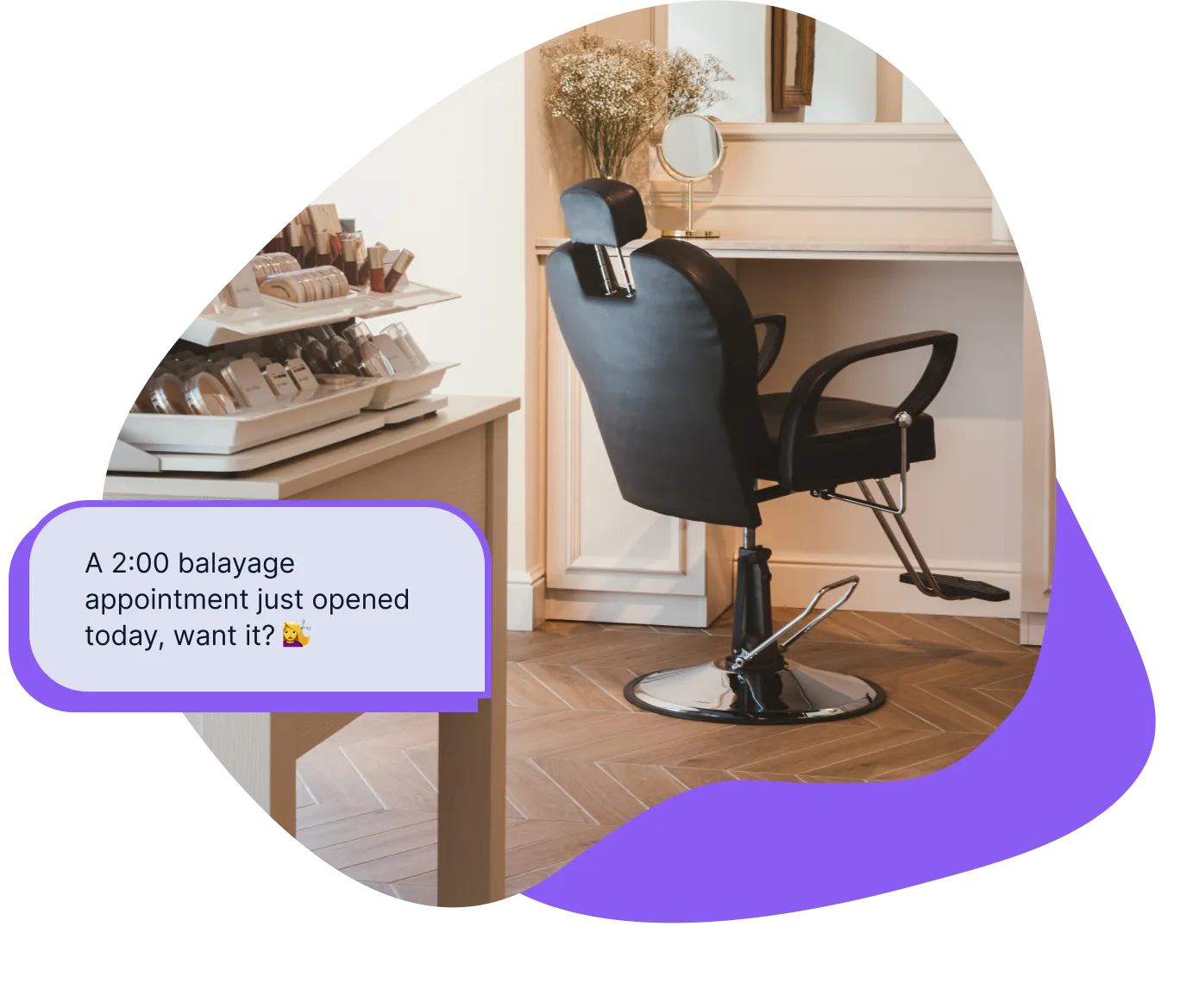 An empty salon chair with a text offering a same-day opening