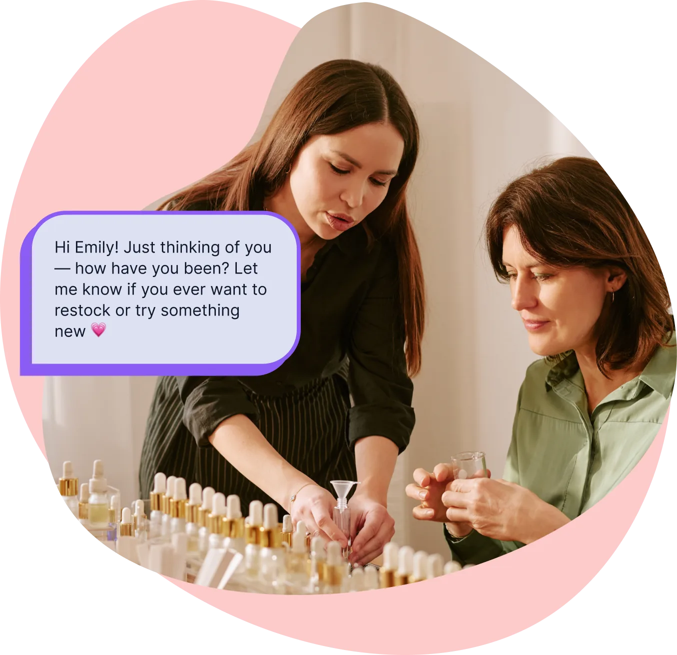 A direct seller showing products to a customer, with a check-in text on screen