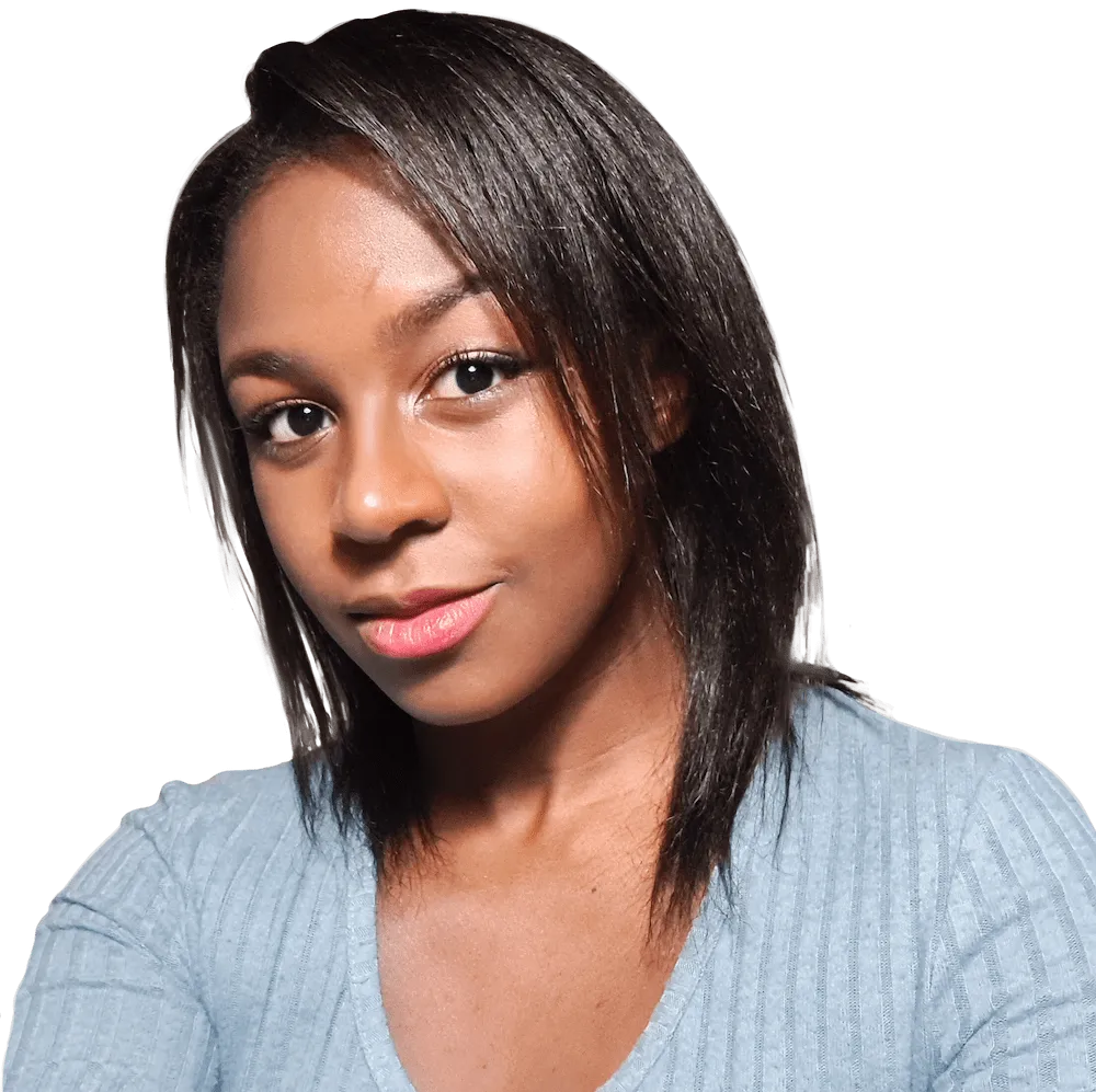 Portrait of a woman with straight black hair wearing a light blue ribbed top.