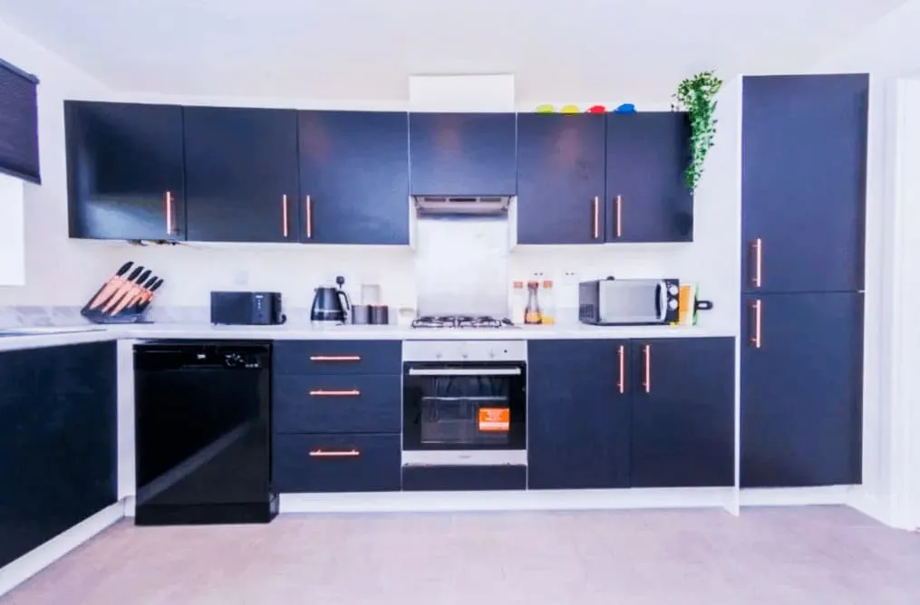 Modern kitchen with black cabinets, built-in oven, dishwasher, microwave, and countertop appliances.
