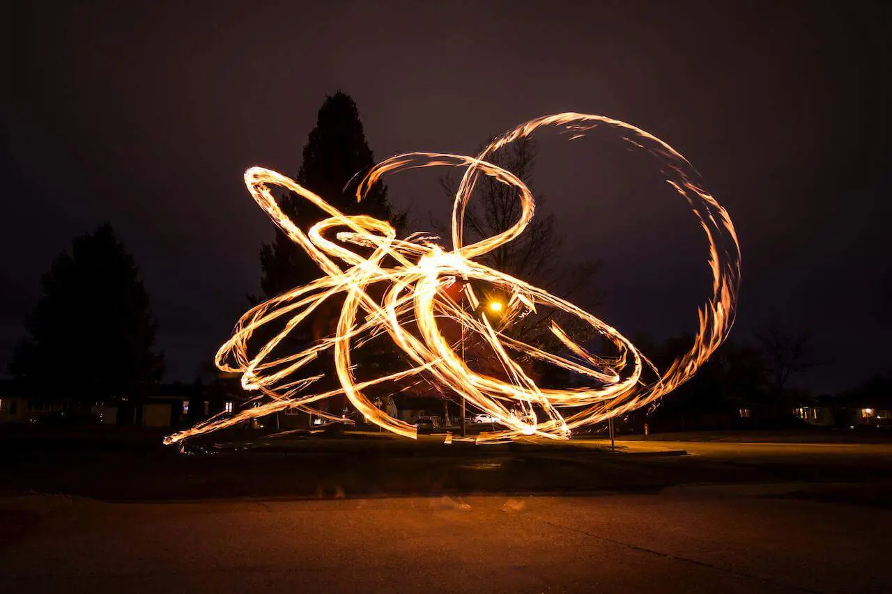 Swirling trails of light dance through the night sky, captured in a long exposure photo that reveals vibrant, looping energy patterns—symbolising the dynamic flow and continual exchange of energy within a mandala.