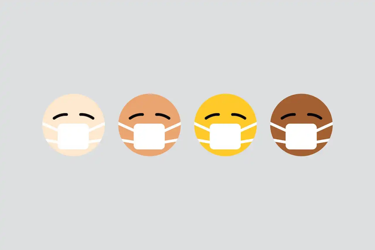 Illustration of four diverse emoji-style faces wearing white face masks, representing COVID-19 precautions across different skin tones.